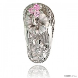 Sterling Silver Hawaiian Hibiscus Flip Flop Slippers Pendant, w/ Brilliant Cut Pink Tourmaline-colored CZ Stones, 3/4" (19 mm)