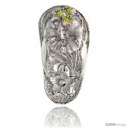 Sterling Silver Hawaiian Hibiscus Flip Flop Slippers Pendant, w/ Brilliant Cut Peridot-colored CZ Stones, 3/4" (19 mm) tall