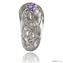 Sterling Silver Hawaiian Hibiscus Flip Flop Slippers Pendant, w/ Brilliant Cut Amethyst-colored CZ Stones, 3/4" (19 mm) tall