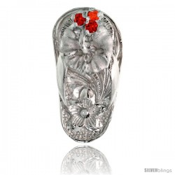 Sterling Silver Hawaiian Hibiscus Flip Flop Slippers Pendant, w/ Brilliant Cut Ruby-colored CZ Stones, 3/4" (19 mm) tall