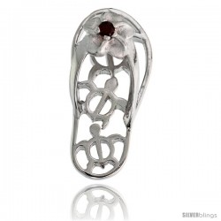 Sterling Silver Hawaiian Plumeria w/ Honu Sea Turtles Flip Flop Slippers Pendant, w/ Brilliant Cut Ruby-colored CZ Stone, 1"