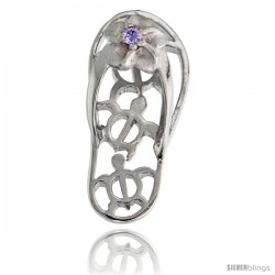 Sterling Silver Hawaiian Plumeria w/ Honu Sea Turtles Flip Flop Slippers Pendant, w/ Brilliant Cut Alexandrite-colored CZ