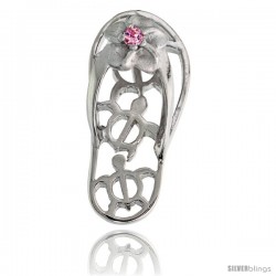 Sterling Silver Hawaiian Plumeria w/ Honu Sea Turtles Flip Flop Slippers Pendant, w/ Brilliant Cut Pink Tourmaline-colored CZ