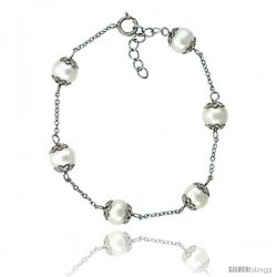 Sterling silver Pearl Bracelet Freshwater 8 mm Rhodium Finish, 7 in long + 1 in. Extension