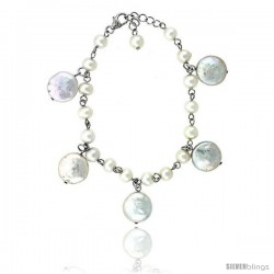 Sterling silver Pearl Bracelet Freshwater 14, & 5 mm Rhodium Finish, 6.5 in long + 1 in. Extension