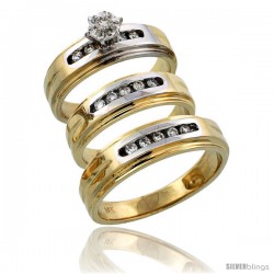 14k Gold 3-Piece Trio His (6mm) & Hers (6mm) Diamond Wedding Band Set w/ Rhodium Accent, w/ 0.33 Carat Brilliant Cut Diamonds