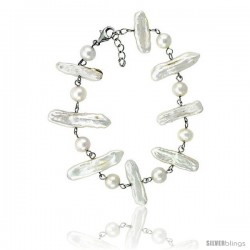 Sterling silver Pearl Bracelet Freshwater 7.5, & 22 mm Rhodium Finish, 7.5 in + 2" Extension.