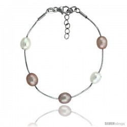 Sterling silver Pearl Bracelet Freshwater 8 mm Rhodium Finish, 6.5 in long + 1 in. Extension