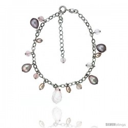 Sterling silver Pearl Bracelet Freshwater 8 mm Rhodium Finish, 4 mm Rose Quartz, 7.5 in + 1 in. Extension.