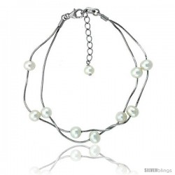 Sterling silver Pearl Bracelet Freshwater 6 & 5 mm Rhodium Finish, 7.5 in + 1 in. Extension.