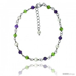 Sterling silver Pearl Bracelet Freshwater w/ Amethyst and Peridot Beads Rhodium Finish, 7 in + 1 in. Extension