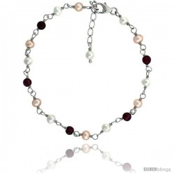 Sterling silver Pearl Bracelet Freshwater 4 mm Pearl & Garnet Beads Rhodium Finish, 7 in + 1 in. Extension