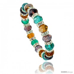 7 in. Multi Color Faceted Glass Crystal Bracelet on Elastic Nylon Strand ( Emerald, Citrine & Amethyst Color ), 3/8 in. (10 mm)