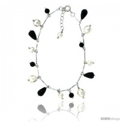 Sterling silver Pearl Bracelet Freshwater w/ Onyx Beads Rhodium Finish, 7 in + 1 in. Extension