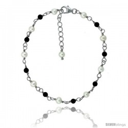 Sterling silver Pearl Bracelet Freshwater w/ Onyx Beads Rhodium Finish, 7 in + 1 in. Extension -Style Plb124