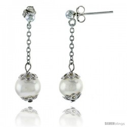 Sterling Silver Pearl Drop Earrings Natural Freshwater 8 mm Rhodium Finish, 29 mm Long