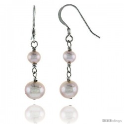 Sterling Silver Pearl Drop Earrings Natural Freshwater 7.5, & 5 mm Rhodium Finish, 23 mm Long