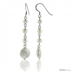 Sterling Silver Pearl Drop Earrings Natural Freshwater 14, & 5 mm Rhodium Finish, 47 mm Long