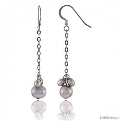 Sterling Silver Pearl Drop Earrings Natural Freshwater 8, & 5.5 mm Rhodium Finish, 48mm Long