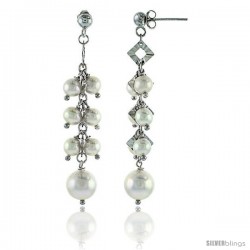 Sterling Silver Pearl Drop Earrings Natural Freshwater 5 mm Rhodium Finish, 53 mm Long