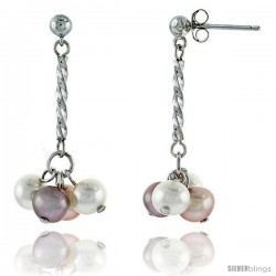 Sterling Silver Pearl Drop Earrings Natural Freshwater 5.5 mm Rhodium Finish, 29 mm Long