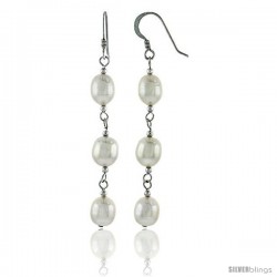 Sterling Silver Pearl Drop Earrings Natural Freshwater 8.5 mm Rhodium Finish, 47 mm Long