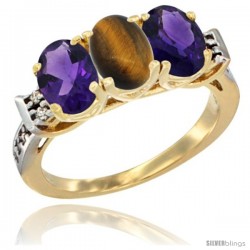 10K Yellow Gold Natural Tiger Eye & Amethyst Sides Ring 3-Stone Oval 7x5 mm Diamond Accent