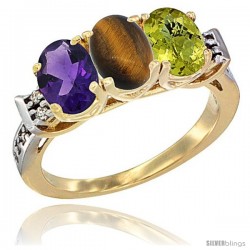 10K Yellow Gold Natural Amethyst, Tiger Eye & Lemon Quartz Ring 3-Stone Oval 7x5 mm Diamond Accent