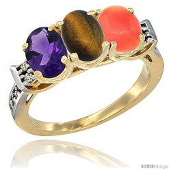 10K Yellow Gold Natural Amethyst, Tiger Eye & Coral Ring 3-Stone Oval 7x5 mm Diamond Accent