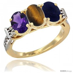 10K Yellow Gold Natural Amethyst, Tiger Eye & Lapis Ring 3-Stone Oval 7x5 mm Diamond Accent