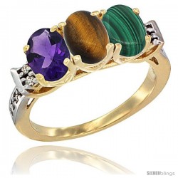 10K Yellow Gold Natural Amethyst, Tiger Eye & Malachite Ring 3-Stone Oval 7x5 mm Diamond Accent