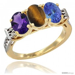 10K Yellow Gold Natural Amethyst, Tiger Eye & Tanzanite Ring 3-Stone Oval 7x5 mm Diamond Accent