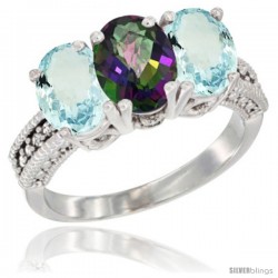 10K White Gold Natural Mystic Topaz & Aquamarine Sides Ring 3-Stone Oval 7x5 mm Diamond Accent