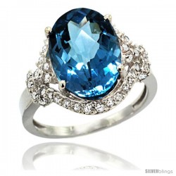 14k White Gold Natural Swiss Blue Topaz Ring Oval 14x10 Diamond Halo, 3/4 in wide