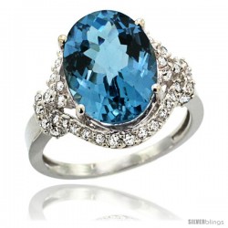 14k White Gold Natural London Blue Topaz Ring Oval 14x10 Diamond Halo, 3/4 in wide