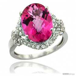 14k White Gold Natural Pink Topaz Ring Oval 14x10 Diamond Halo, 3/4 in wide