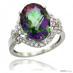 14k White Gold Natural Mystic Topaz Ring Oval 14x10 Diamond Halo, 3/4 in wide