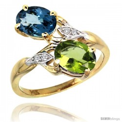 14k Gold ( 8x6 mm ) Double Stone Engagement London Blue Topaz & Peridot Ring w/ 0.04 Carat Brilliant Cut Diamonds & 2.34 Carats