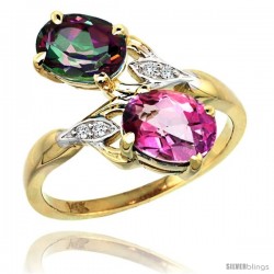 14k Gold ( 8x6 mm ) Double Stone Engagement Pink & Mystic Topaz Ring w/ 0.04 Carat Brilliant Cut Diamonds & 2.34 Carats Oval