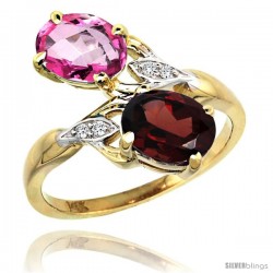 14k Gold ( 8x6 mm ) Double Stone Engagement Pink Topaz & Garnet Ring w/ 0.04 Carat Brilliant Cut Diamonds & 2.34 Carats Oval