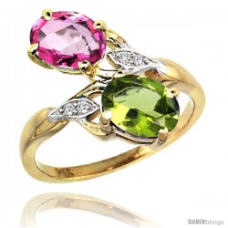 14k Gold ( 8x6 mm ) Double Stone Engagement Pink Topaz & Peridot Ring w/ 0.04 Carat Brilliant Cut Diamonds & 2.34 Carats Oval