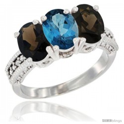 10K White Gold Natural London Blue Topaz & Smoky Topaz Sides Ring 3-Stone Oval 7x5 mm Diamond Accent