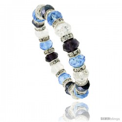 7 in Multi Color Faceted Glass Crystal Bracelet on Elastic Nylon Strand ( Clear, Blue Topaz & Amethyst Color ), 3/8 in