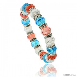 7 in Multi Color Faceted Glass Crystal Bracelet on Elastic Nylon Strand ( Clear, Orange Sapphire & Aquamarine Color ), 3/8 in