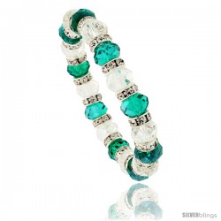 7 in. Clear & Emerald Color Faceted Glass Crystal Bracelet on Elastic Nylon Strand, 3/8 in. (10 mm) wide