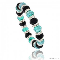 7 in. Black & Emerald Color Faceted Glass Crystal Bracelet on Elastic Nylon Strand, 3/8 in. (10 mm) wide