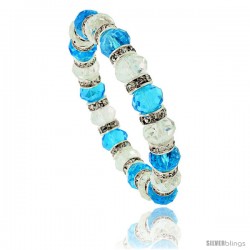 7 in. Clear & Aquamarine Color Faceted Glass Crystal Bracelet on Elastic Nylon Strand, 3/8 in. (10 mm) wide