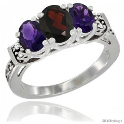 14K White Gold Natural Garnet & Amethyst Ring 3-Stone Oval with Diamond Accent