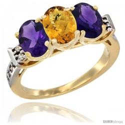 10K Yellow Gold Natural Whisky Quartz & Amethyst Sides Ring 3-Stone Oval 7x5 mm Diamond Accent