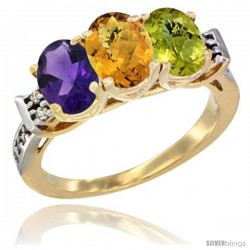 10K Yellow Gold Natural Amethyst, Whisky Quartz & Lemon Quartz Ring 3-Stone Oval 7x5 mm Diamond Accent